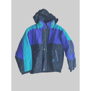 Vintage 90s Impact Kids Boy Hooded Colorblock Jacket Zip Purple Green Sz 14-16